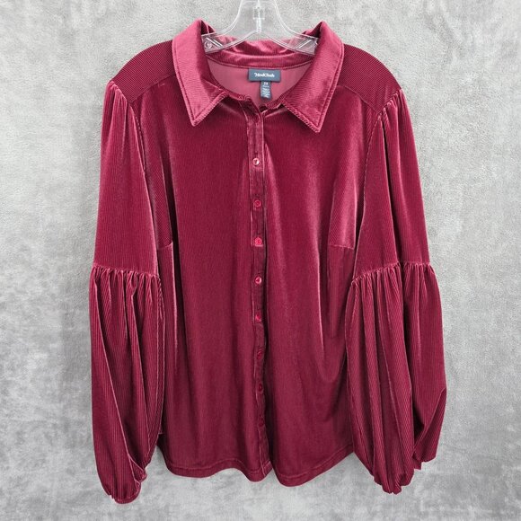 Modcloth Here For The Drama Button Up Corduroy Velvet Top 2X Wine Balloon Sleeve - Picture 1 of 12